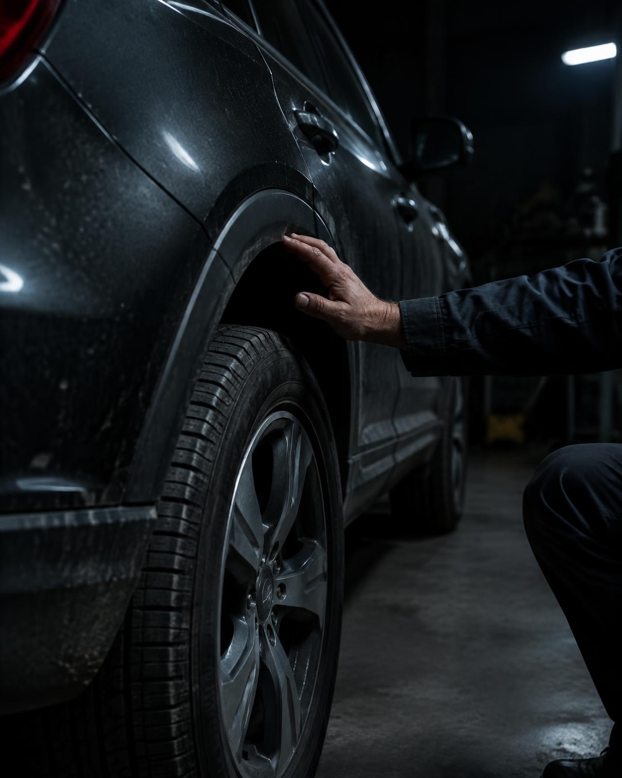 Motor trader inspecting the wheel arch of a used car